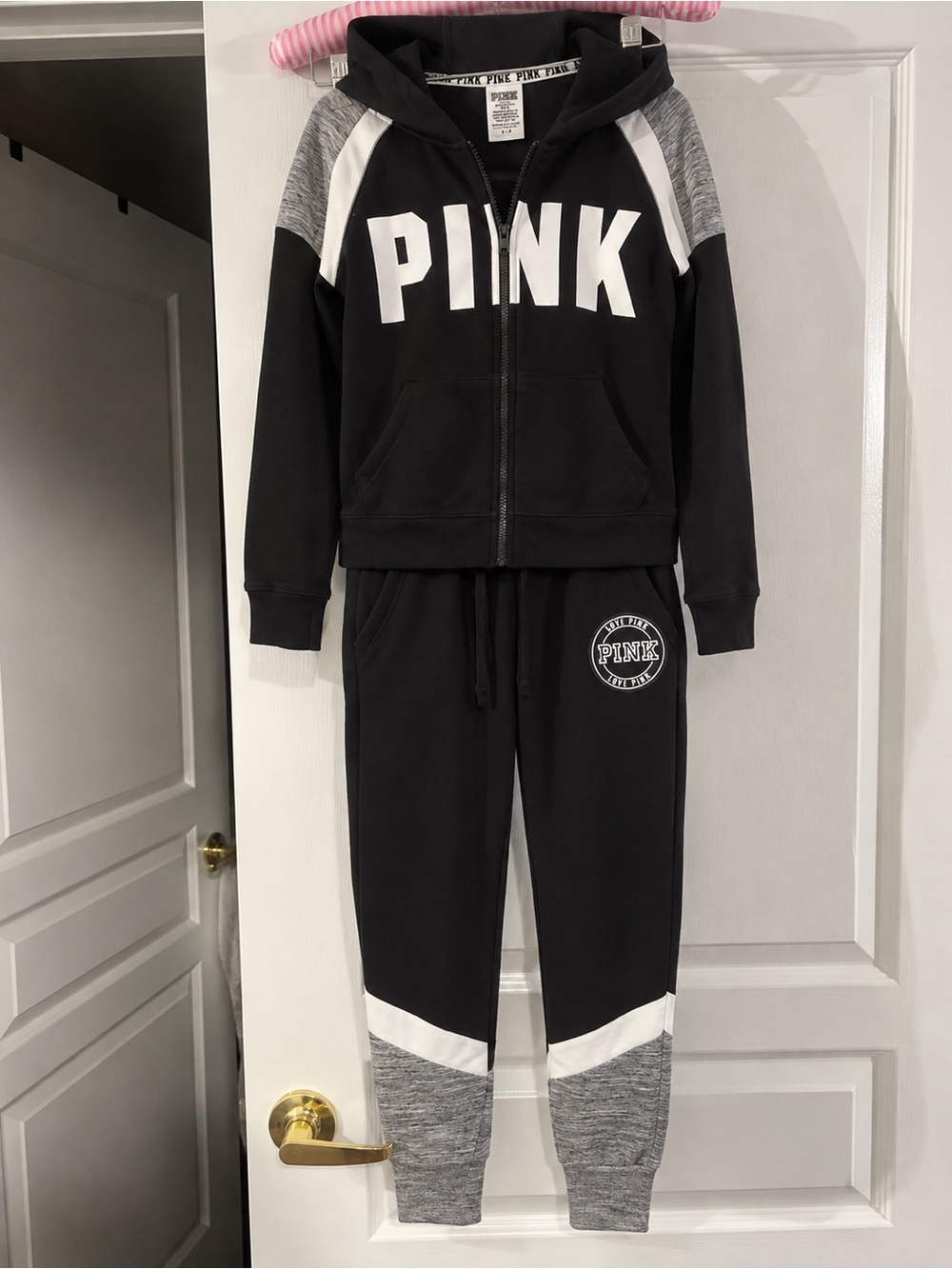 PINK Victoria's Secret Black, Gray & White Logo Hoodie and Jogger Set